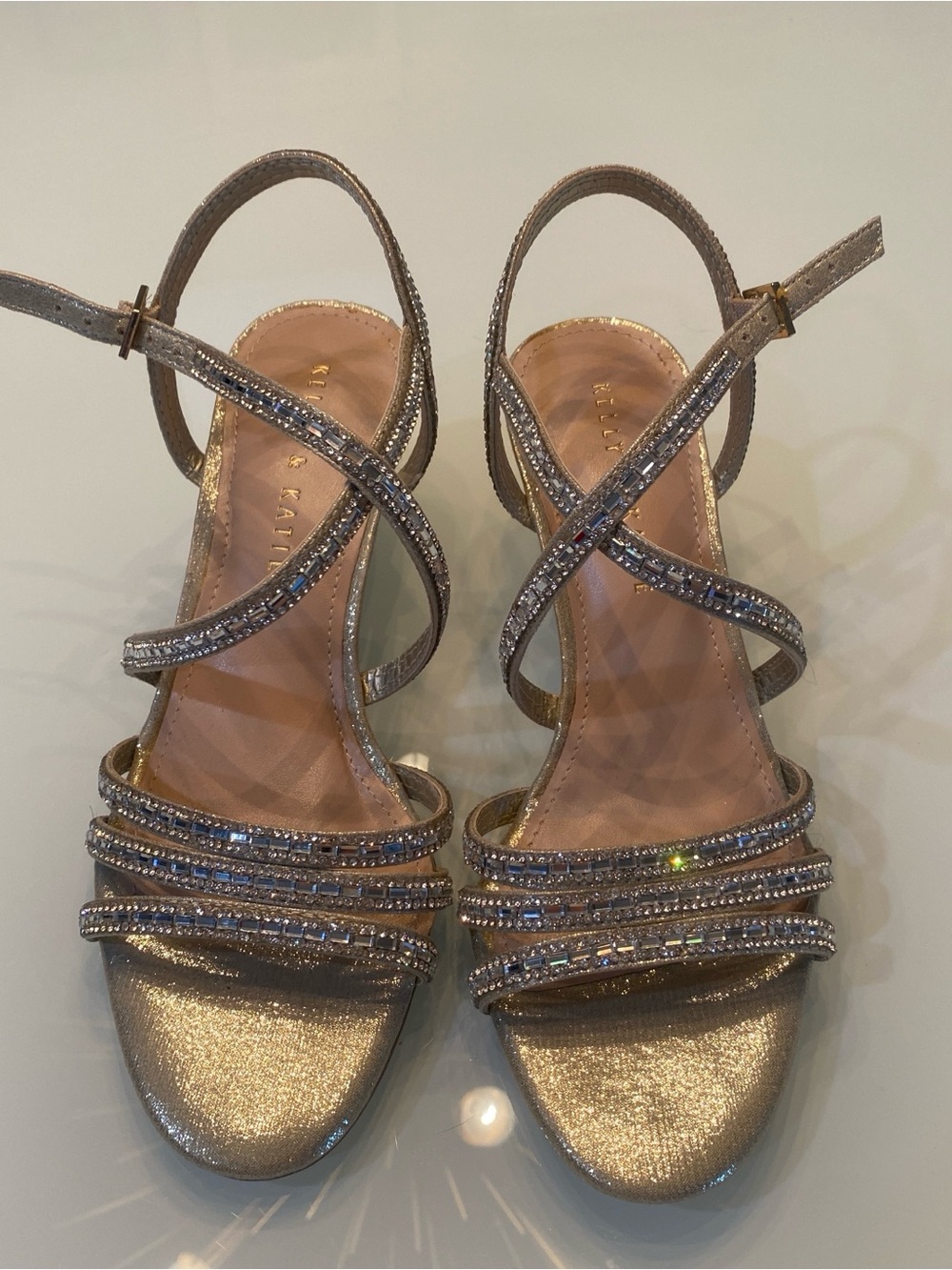 Kelly & Katie Tahaoa Gold Metallic Rhinestone Strappy Low Wedge Sandals Size 7M
